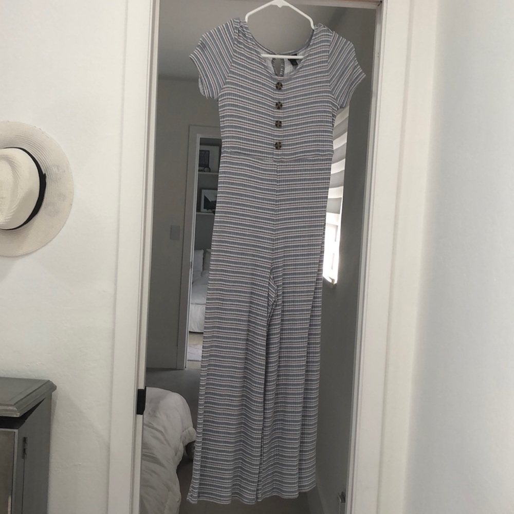 Fun striped pants romper with button detail